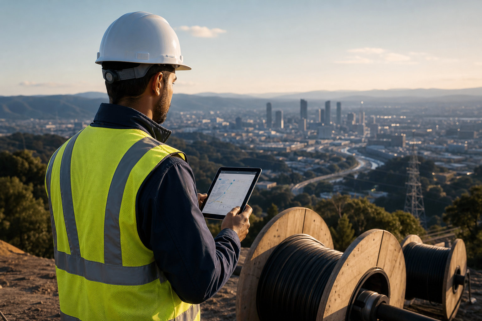 Telecom field engineer using a tablet near fiber cable reels.